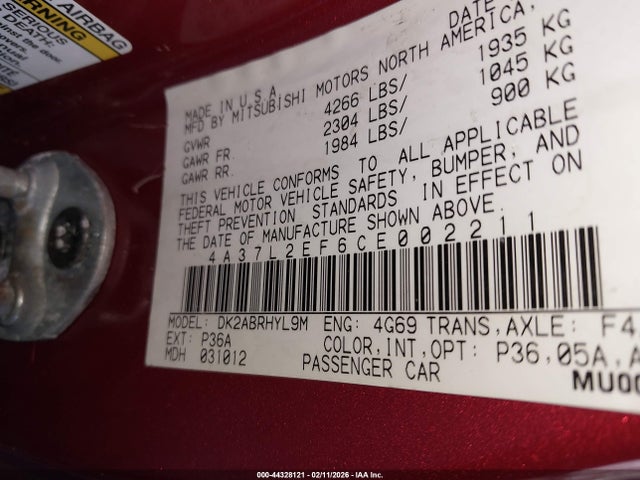 Продаж на аукціоні авто 2012 Mitsubishi Eclipse Spyder Gs Sport, vin: 4A37L2EF6CE002211, номер лоту: 44328121