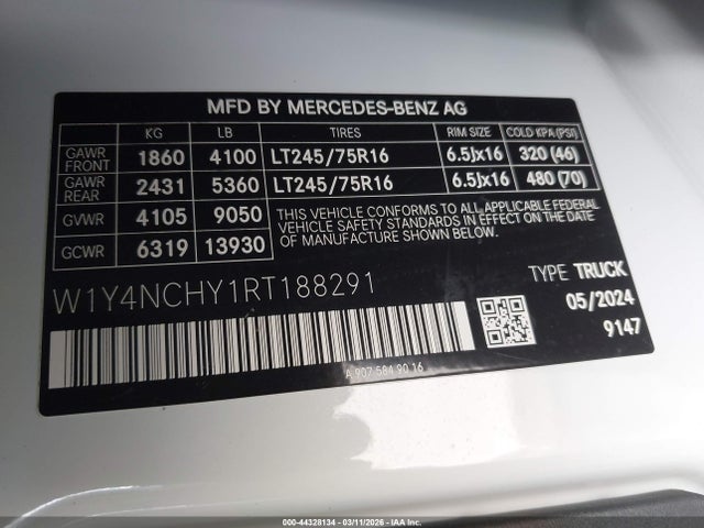 44328134 :رقم المزاد ، W1Y4NCHY1RT188291 vin ، 2024 Mercedes-benz Sprinter 2500 High Roof 4-cyl Diesel Ho مزاد بيع