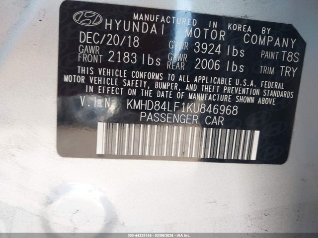 KMHD84LF1KU846968 Hyundai ELANTRA SEL