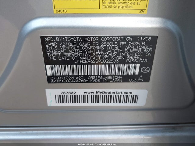 Aukcja sprzedaży 2009 Lexus Gs 350, vin: JTHCE96S590022583, numer aukcji: 44328163
