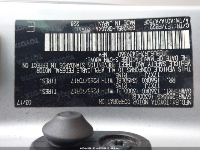 JTEBU5JR7H5439360 Toyota 4runner Limited/sr5/sr5 Premium/trd Off Road/trd Off Road Premium/trd Pro