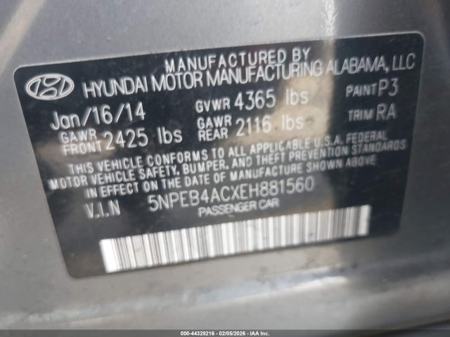 5NPEB4ACXEH881560 Hyundai SONATA GLS