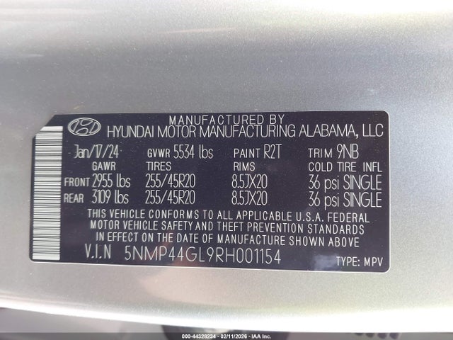 2024 Hyundai Santa Fe Limited მანქანა იყიდება აუქციონზე, vin: 5NMP44GL9RH001154, აუქციონის ნომერი: 44328234