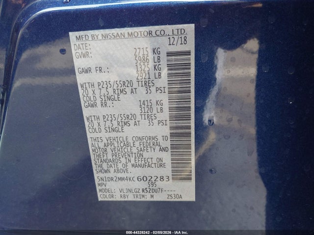 5N1DR2MM4KC602283 Nissan Pathfinder Sl