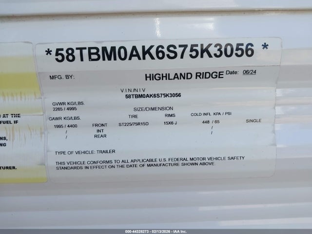 Продаж на аукціоні авто 2025 Highland Ridge Open Range, vin: 58TBM0AK6S75K3056, номер лоту: 44328273