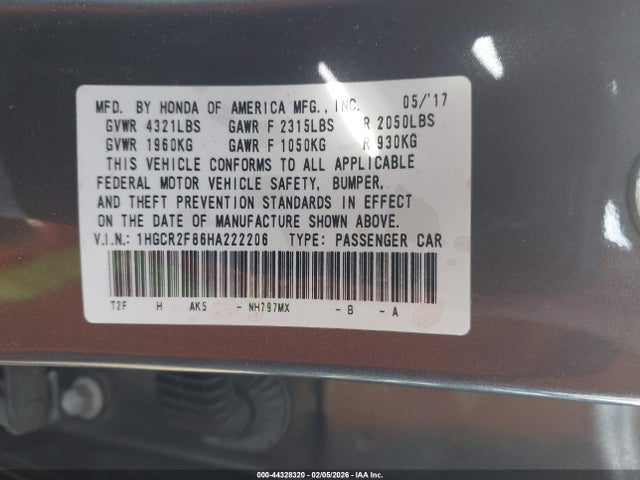 1HGCR2F86HA222206 Honda Accord Ex-l