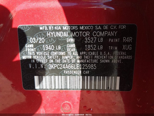 2020 Hyundai Accent Se მანქანა იყიდება აუქციონზე, vin: 3KPC24A66LE125985, აუქციონის ნომერი: 44328333