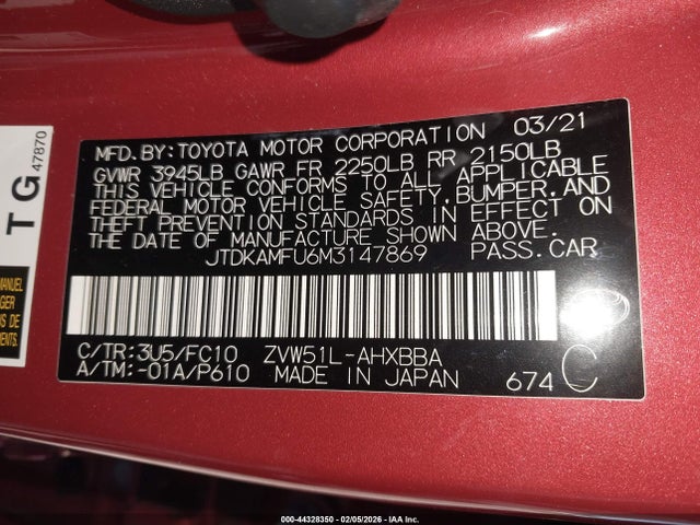JTDKAMFU6M3147869 Toyota Prius L Eco
