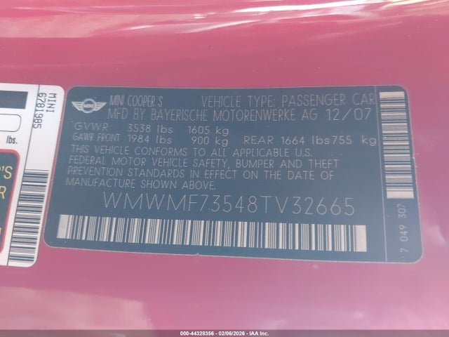 2008 MINI COOPER S WMWMF73548TV32665 Photo 8