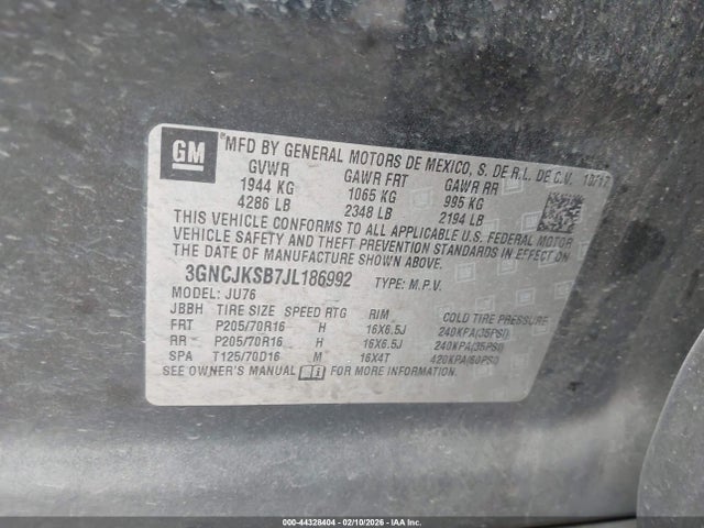 3GNCJKSB7JL186992 Chevrolet TRAX LS