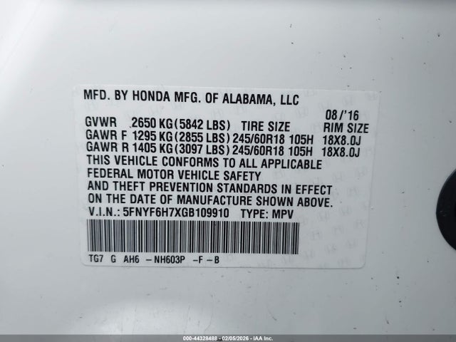 2016 HONDA PILOT 5FNYF6H7XGB109910 Photo 8