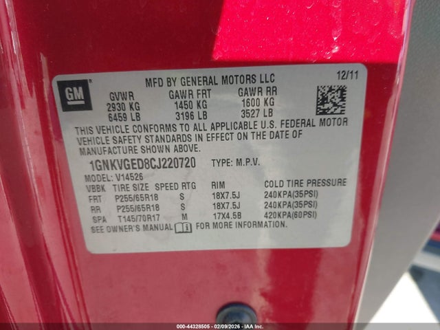 2012 CHEVROLET TRAVERSE 1GNKVGED8CJ220720 Photo 8