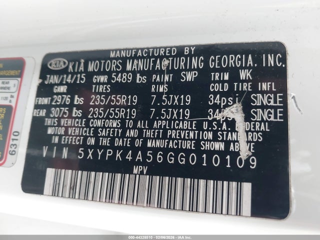 5XYPK4A56GG010109 KIA Sorento 3.3l Sxl