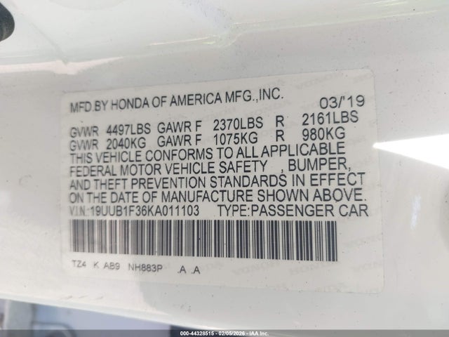 2019 Acura Tlx Standard მანქანა იყიდება აუქციონზე, vin: 19UUB1F36KA011103, აუქციონის ნომერი: 44328515