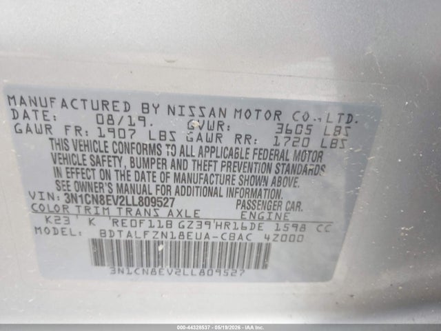 Продажа на аукционе авто 2020 Nissan Versa Sv Xtronic Cvt, vin: 3N1CN8EV2LL809527, номер лота: 44328537