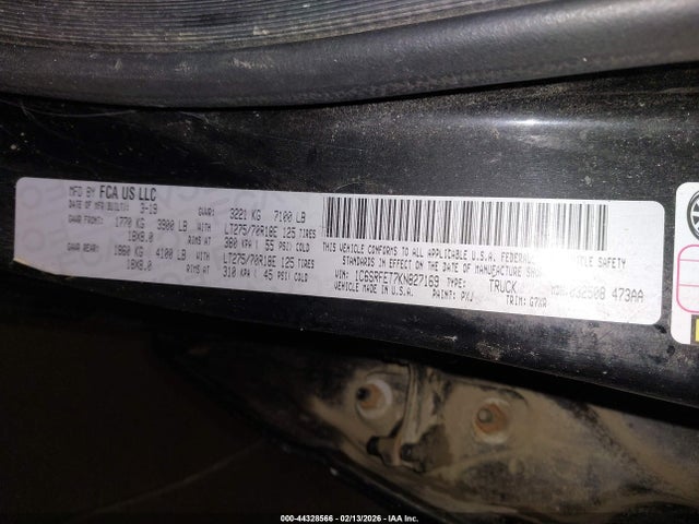 44328566 :رقم المزاد ، 1C6SRFET7KN827169 vin ، 2019 Ram 1500 Rebel  4x4 6'4 Box مزاد بيع