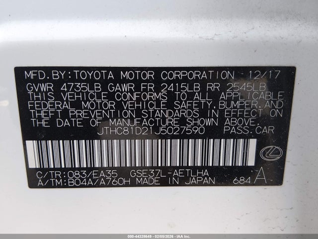 Продаж на аукціоні авто 2018 Lexus Is 300, vin: JTHC81D21J5027590, номер лоту: 44328649