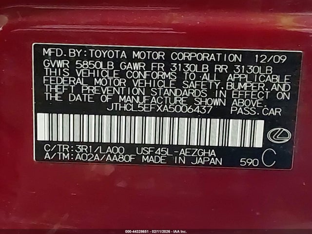 Aukcja sprzedaży 2010 Lexus Ls 460, vin: JTHCL5EFXA5006437, numer aukcji: 44328651