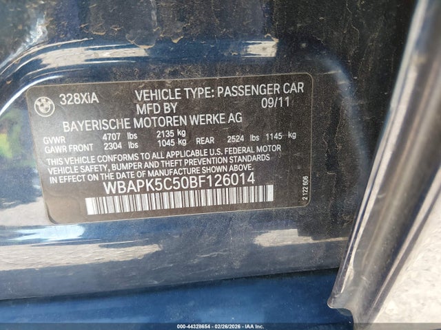 2011 Bmw 328i Xdrive მანქანა იყიდება აუქციონზე, vin: WBAPK5C50BF126014, აუქციონის ნომერი: 44328654