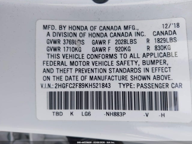 Honda Civic Sport 2019 2HGFC2F89KH521843 Image 9