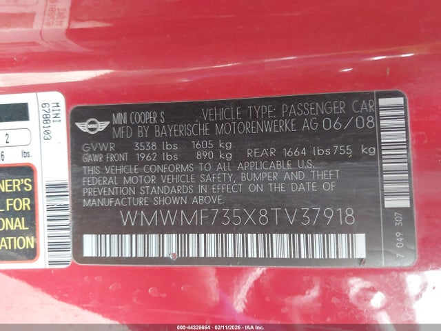 2008 MINI COOPER S WMWMF735X8TV37918 Photo 8