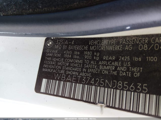 2005 Bmw 325i მანქანა იყიდება აუქციონზე, vin: WBAET37425NJ85635, აუქციონის ნომერი: 44328704