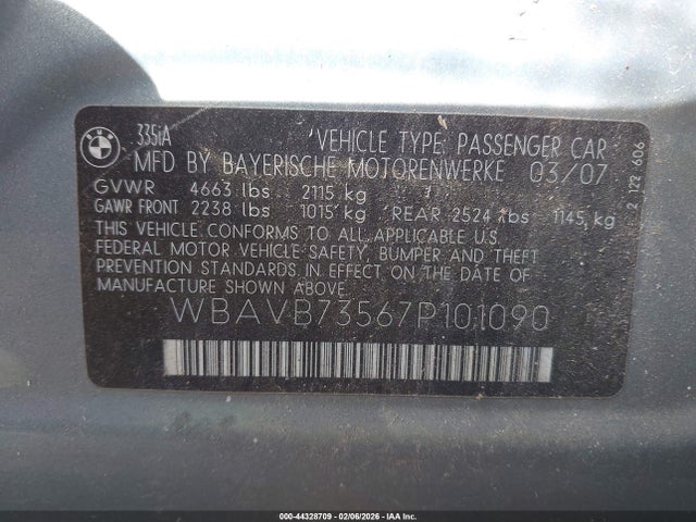 Aukcja sprzedaży 2007 Bmw 335i, vin: WBAVB73567P101090, numer aukcji: 44328709