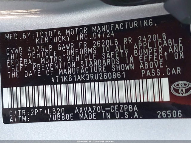 4T1K61AK3RU260861 Toyota CAMRY XSE