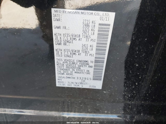 44328786 :رقم المزاد ، 5N1AL0MM7DC332915 vin ، 2013 Infiniti Jx35 مزاد بيع