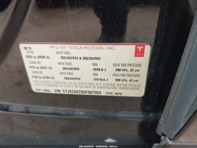 Продажа на аукционе авто 2016 Tesla Model X 60d/70d/75d/90d, vin: 5YJXCAE20GF007953, номер лота: 44328787