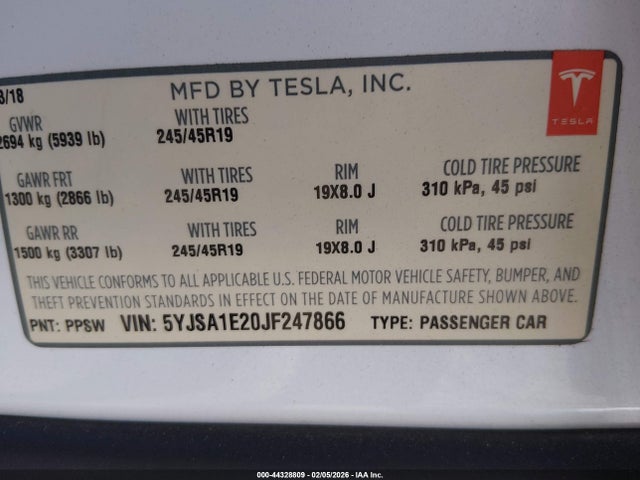 2018 Tesla Model S მანქანა იყიდება აუქციონზე, vin: 5YJSA1E20JF247866, აუქციონის ნომერი: 44328809