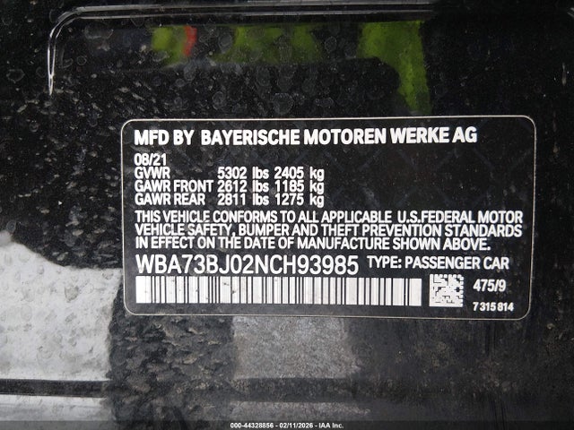 2022 Bmw 540 I Xdrive მანქანა იყიდება აუქციონზე, vin: WBA73BJ02NCH93985, აუქციონის ნომერი: 44328856