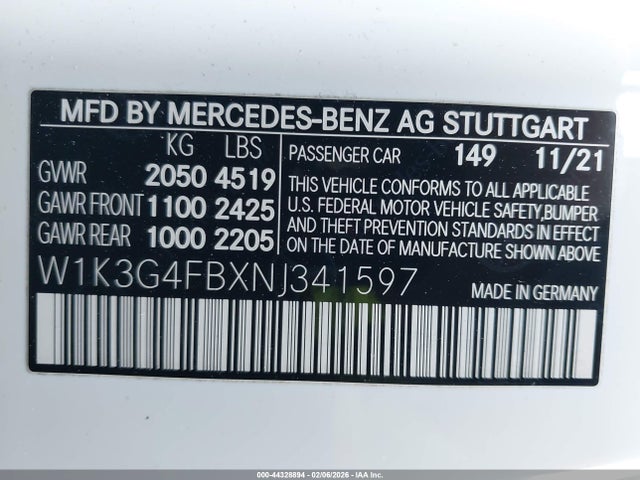 44328894 :رقم المزاد ، W1K3G4FBXNJ341597 vin ، 2022 Mercedes-benz A 220 4matic مزاد بيع