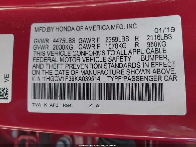 1HGCV1F39KA039514 Honda Accord Sport
