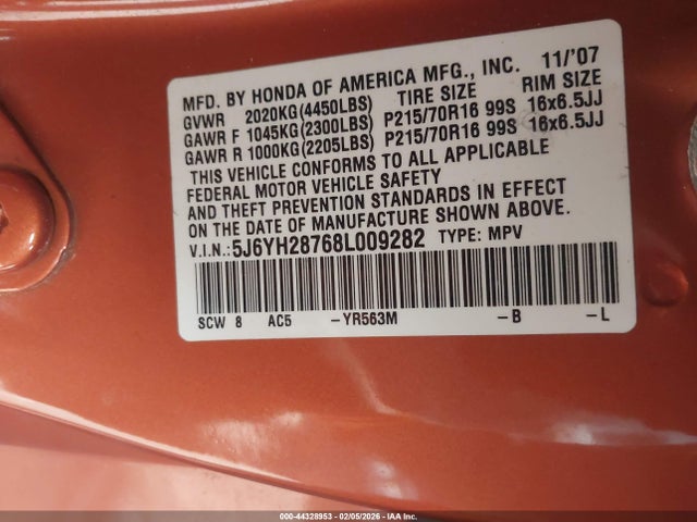 2008 HONDA ELEMENT 5J6YH28768L009282 Photo 8