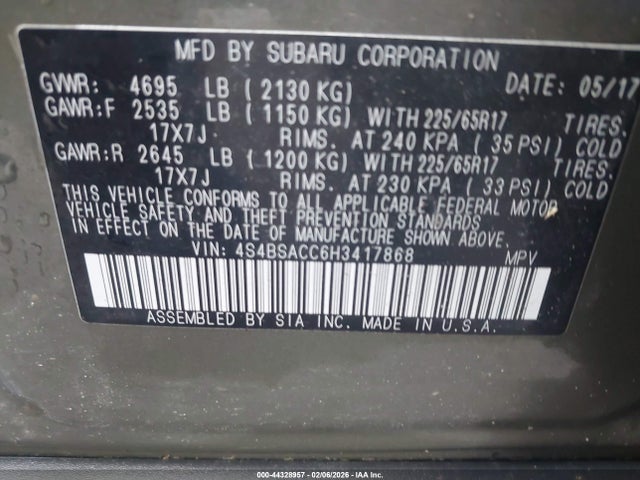 Subaru Outback 2.5i Premium 2017 4S4BSACC6H3417868 Image 9