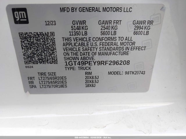 Продажа на аукционе авто 2024 Gmc Sierra 2500hd 4wd  Standard Bed At4, vin: 1GT49PEY9RF296208, номер лота: 44329004