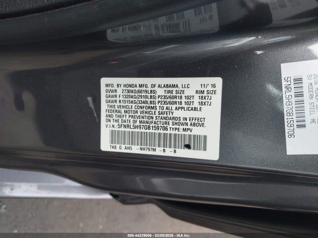 5FNRL5H97GB159706 Honda Odyssey Touring/touring Elite