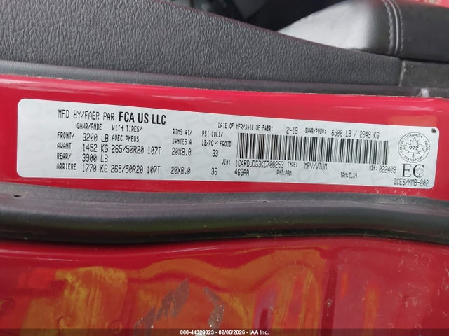 44329023 :رقم المزاد ، 1C4RDJDG3KC708253 vin ، 2019 Dodge Durango Gt مزاد بيع