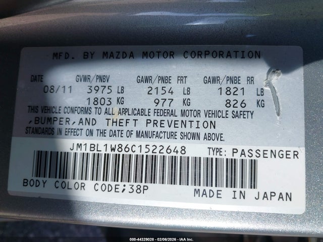 Aukcja sprzedaży 2012 Mazda Mazda3 I Grand Touring, vin: JM1BL1W86C1522648, numer aukcji: 44329028