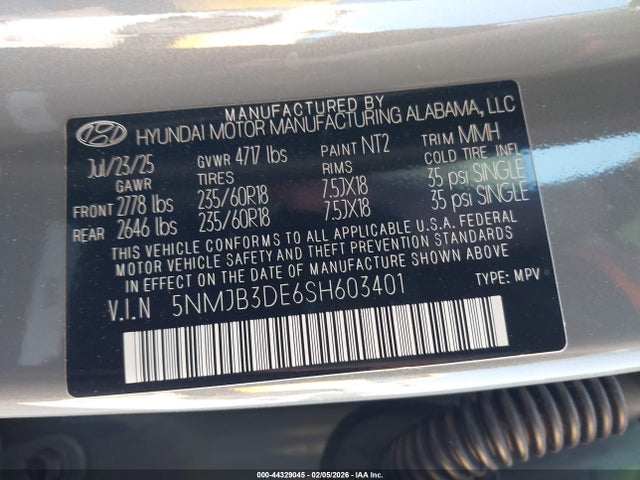 Aukcja sprzedaży 2025 Hyundai Tucson Sel, vin: 5NMJB3DE6SH603401, numer aukcji: 44329045