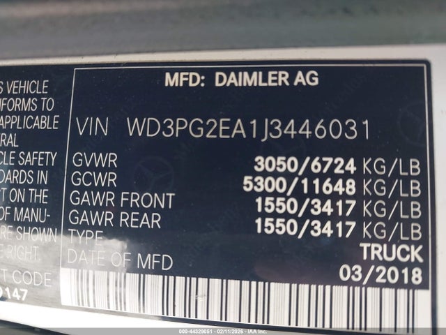 44329051 :رقم المزاد ، WD3PG2EA1J3446031 vin ، 2018 Mercedes-benz Metris مزاد بيع