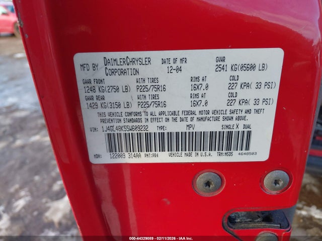 2005 Jeep Liberty Sport მანქანა იყიდება აუქციონზე, vin: 1J4GL48K55W609232, აუქციონის ნომერი: 44329089