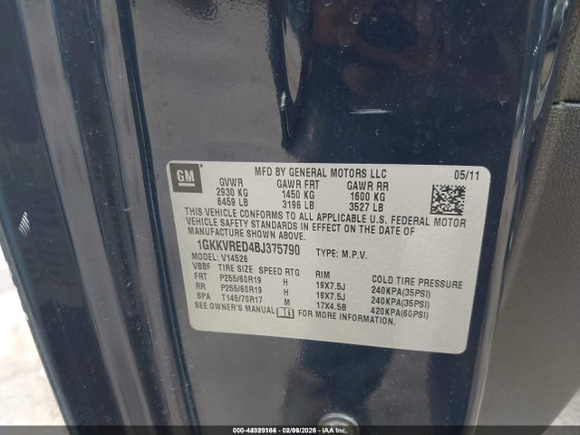Aukcja sprzedaży 2011 Gmc Acadia Slt-1, vin: 1GKKVRED4BJ375790, numer aukcji: 44329164