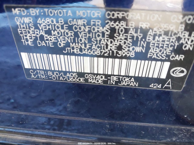 2007 Lexus Es 350 მანქანა იყიდება აუქციონზე, vin: JTHBJ46G872113998, აუქციონის ნომერი: 44329171