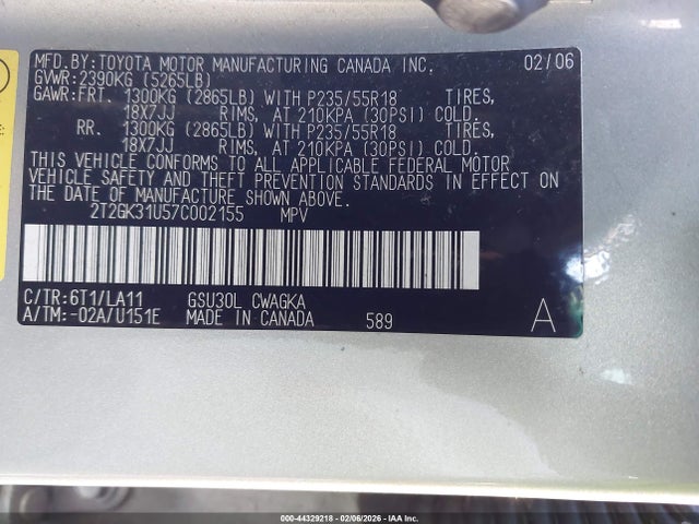 44329218 :رقم المزاد ، 2T2GK31U57C002155 vin ، 2007 Lexus Rx 350 مزاد بيع