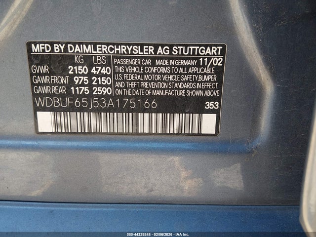 Aukcja sprzedaży 2003 Mercedes-benz E 320, vin: WDBUF65J53A175166, numer aukcji: 44329248
