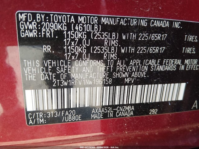 2T3W1RFV1NW196158 Toyota Rav4 Xle