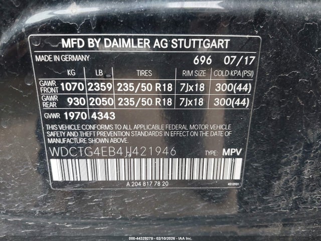 44329278 :رقم المزاد ، WDCTG4EB4JJ421946 vin ، 2018 Mercedes-benz Gla 250 مزاد بيع