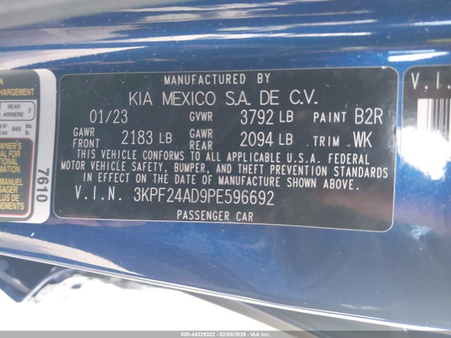 44329322 :رقم المزاد ، 3KPF24AD9PE596692 vin ، 2023 Kia Forte Lxs مزاد بيع